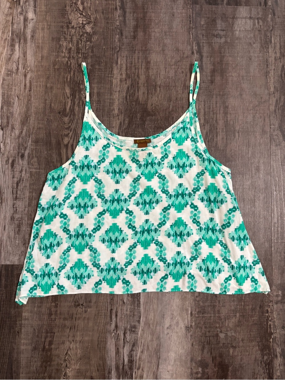 Copper Key White Crop Tank with Teal Geometric Print